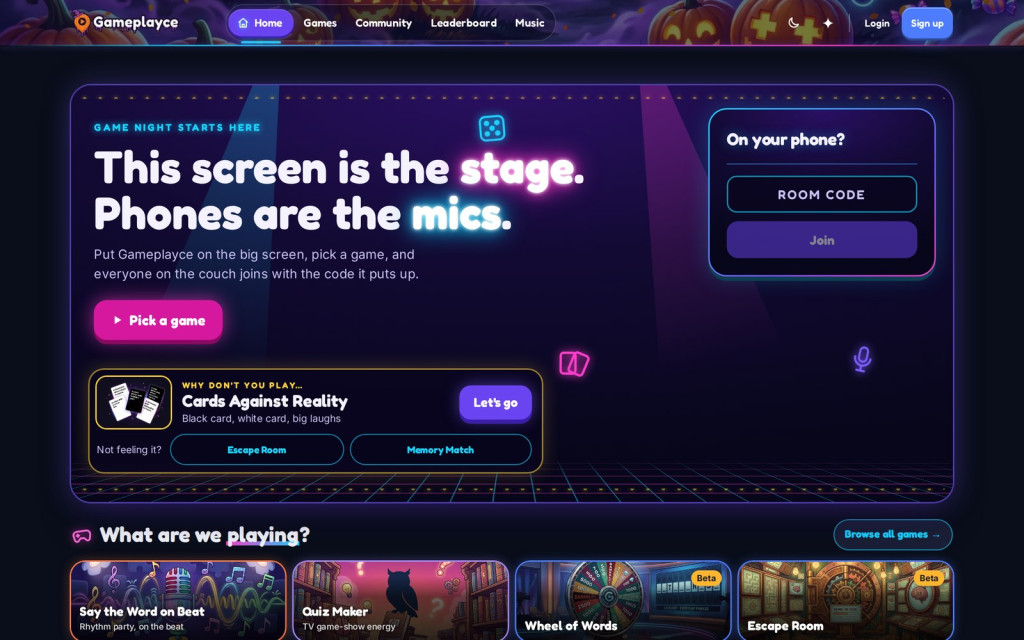 gameplayce.io home page: this screen is the stage, phones are the mics